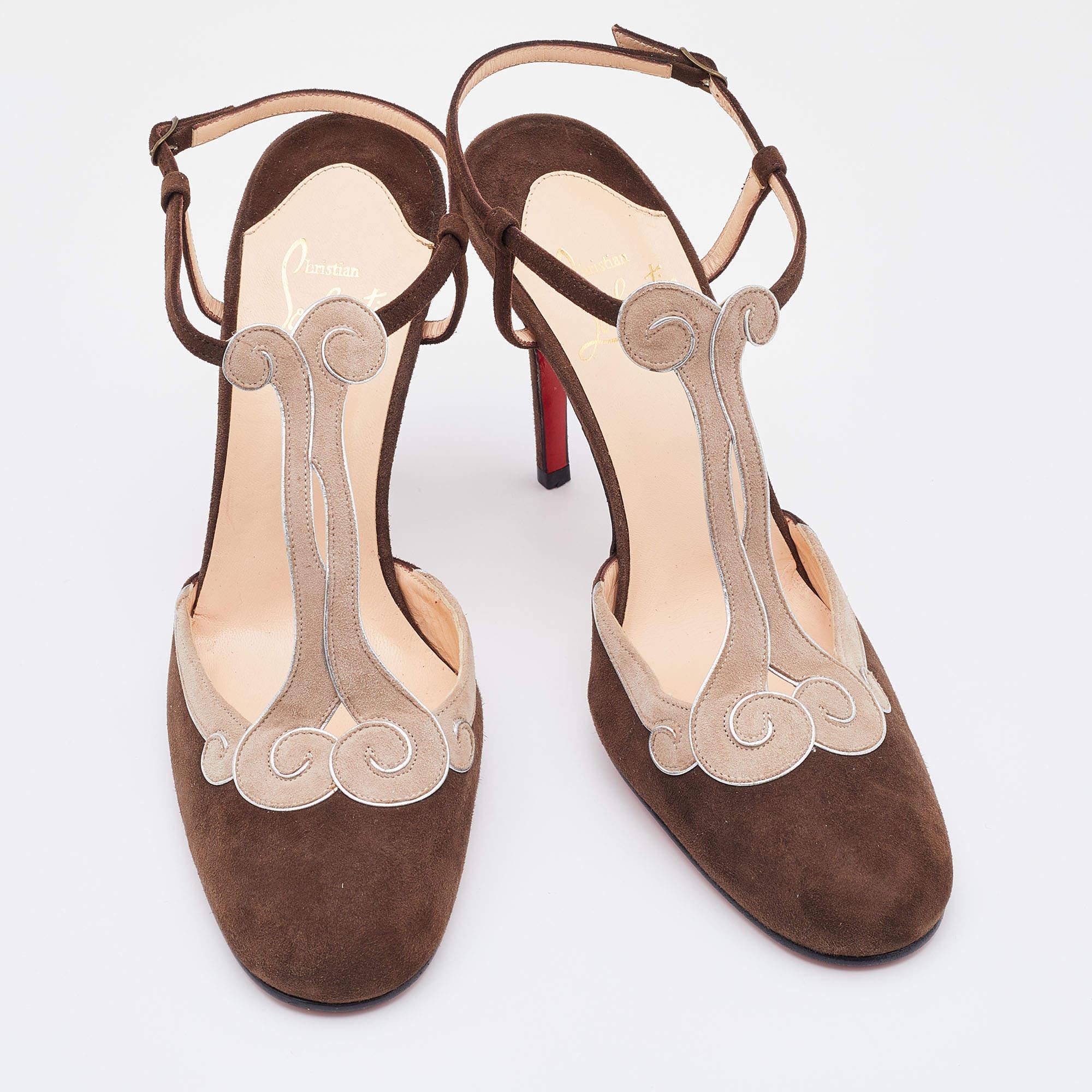 Christian Louboutin Choco Brown/Beige Suede T Strap Ankle Strap Sandals Size 39 2