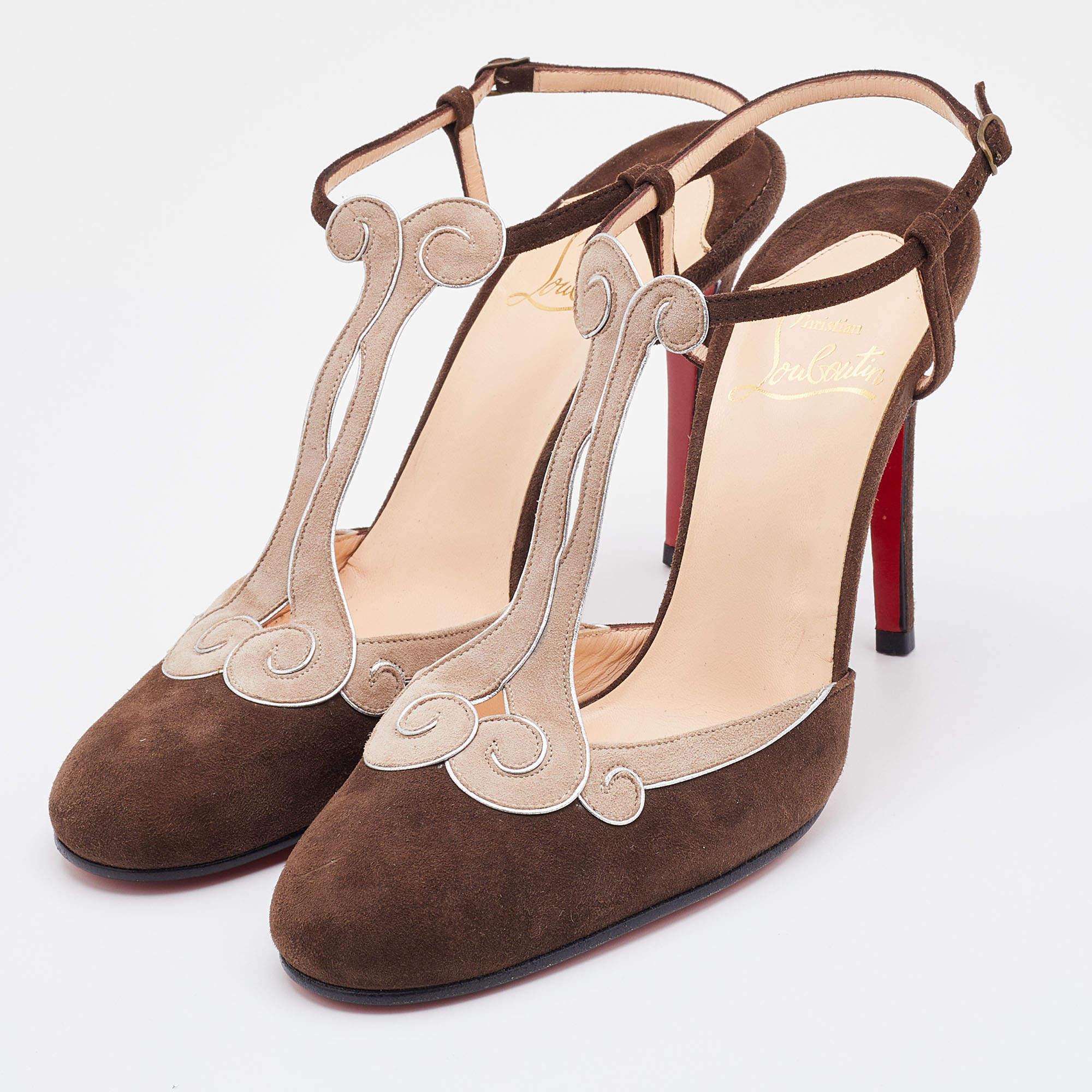 Christian Louboutin Choco Brown/Beige Suede T Strap Ankle Strap Sandals Size 39 3