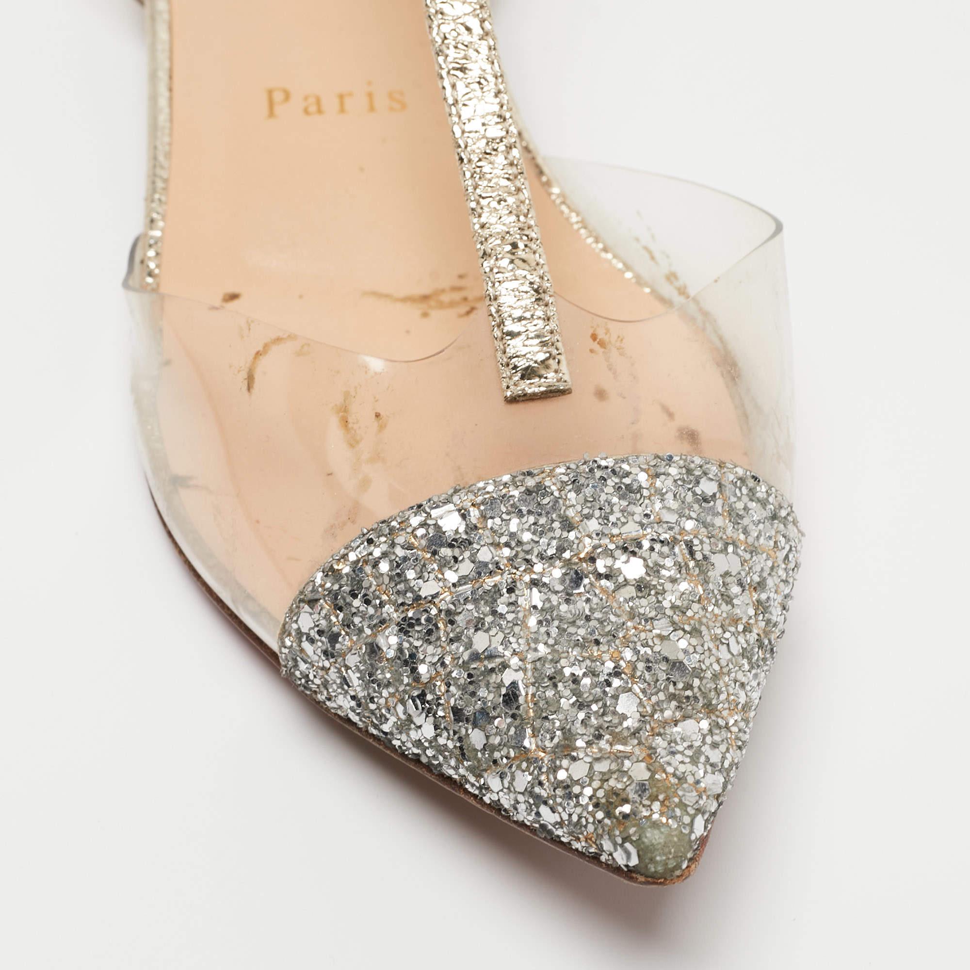 Christian Louboutin Chaussures plates à paillettes grossières et bride en T en PVC Nosy Taille 37,5 Pour femmes en vente