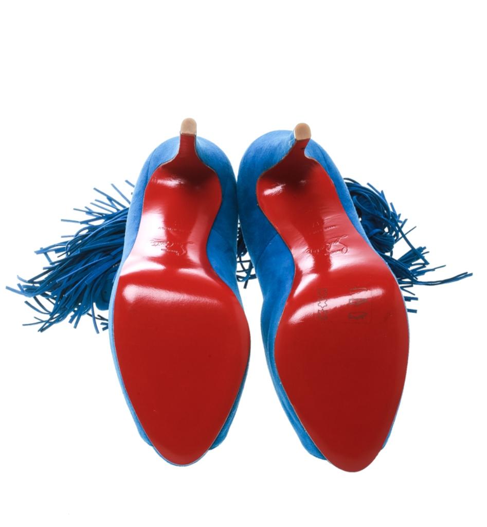 Christian Louboutin Cobalt Blue Suede Tina Fringe Detail Peep Toe Pumps Size 37 In New Condition In Dubai, Al Qouz 2