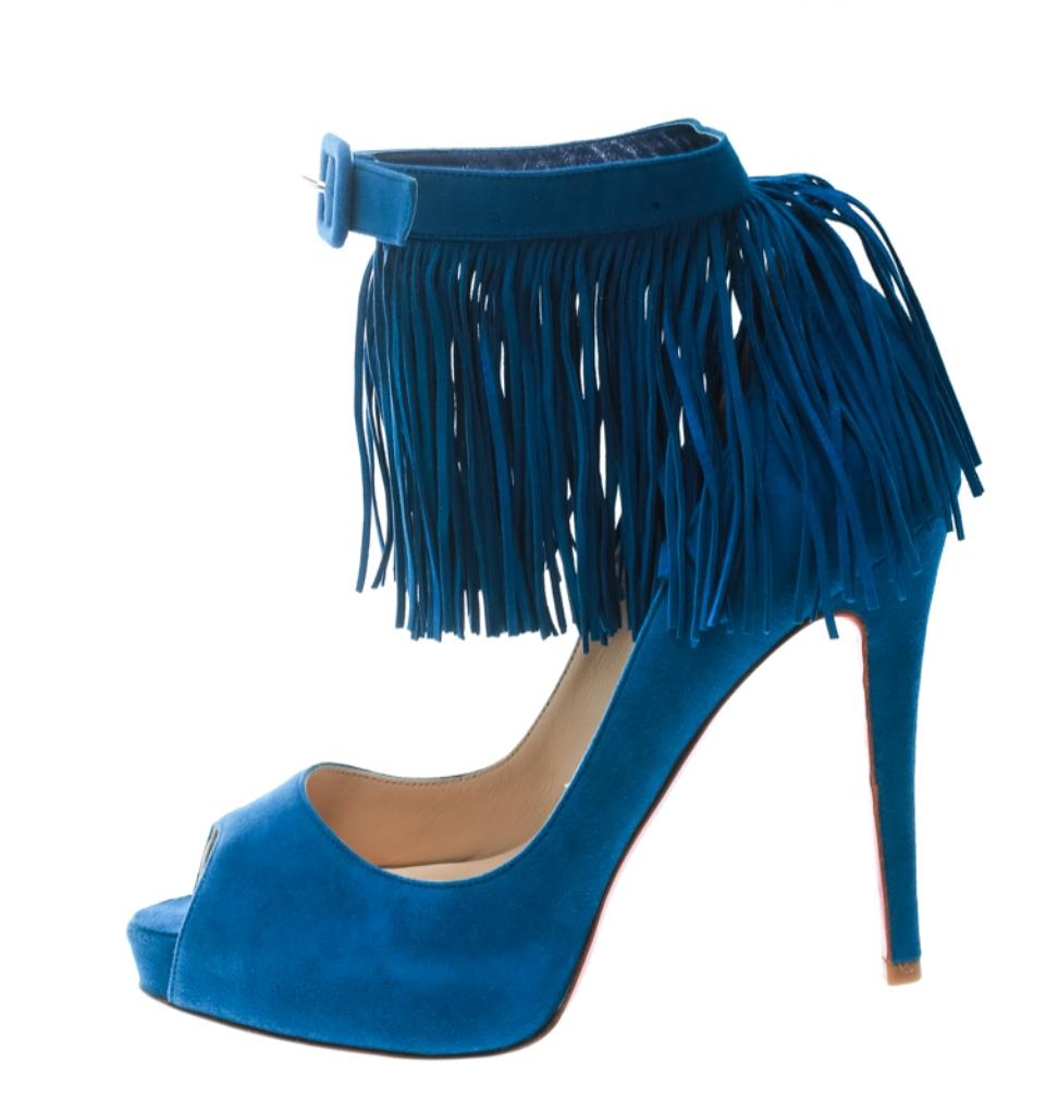Women's Christian Louboutin Cobalt Blue Suede Tina Fringe Detail Peep Toe Pumps Size 37