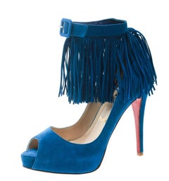 Christian Louboutin Cobalt Blue Tina Fringe Detail Peep Toe Pumps Size 37