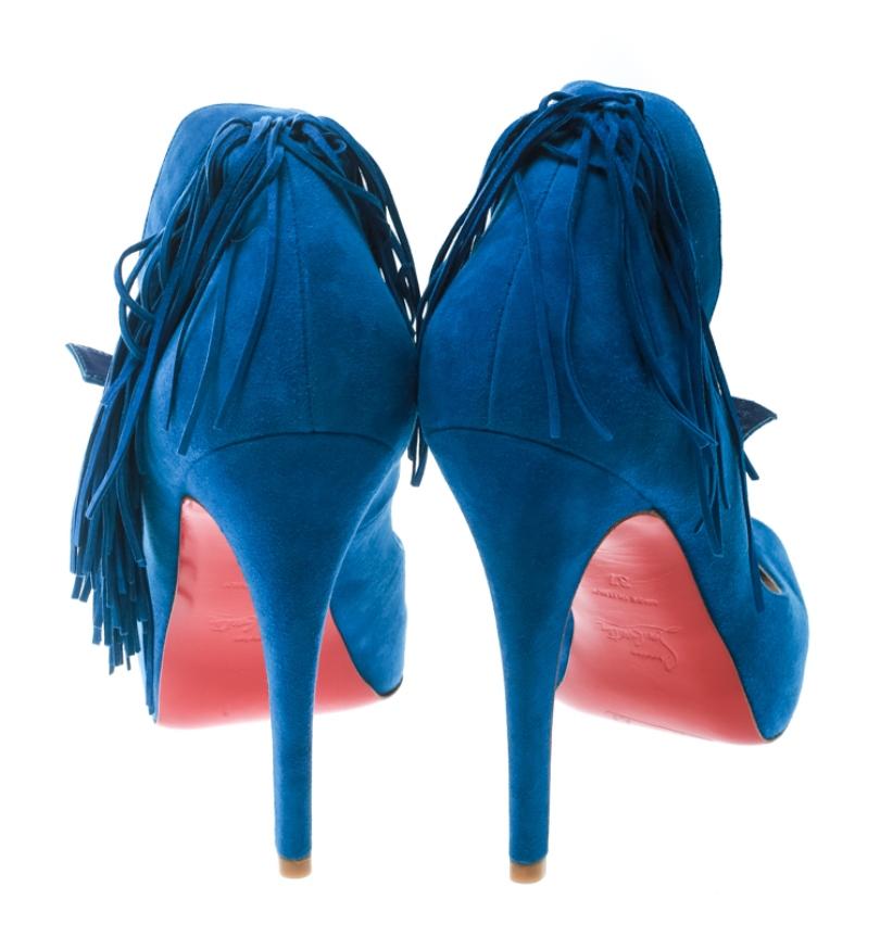 Women's Christian Louboutin Cobalt Blue Tina Fringe Detail Peep Toe Pumps Size 37