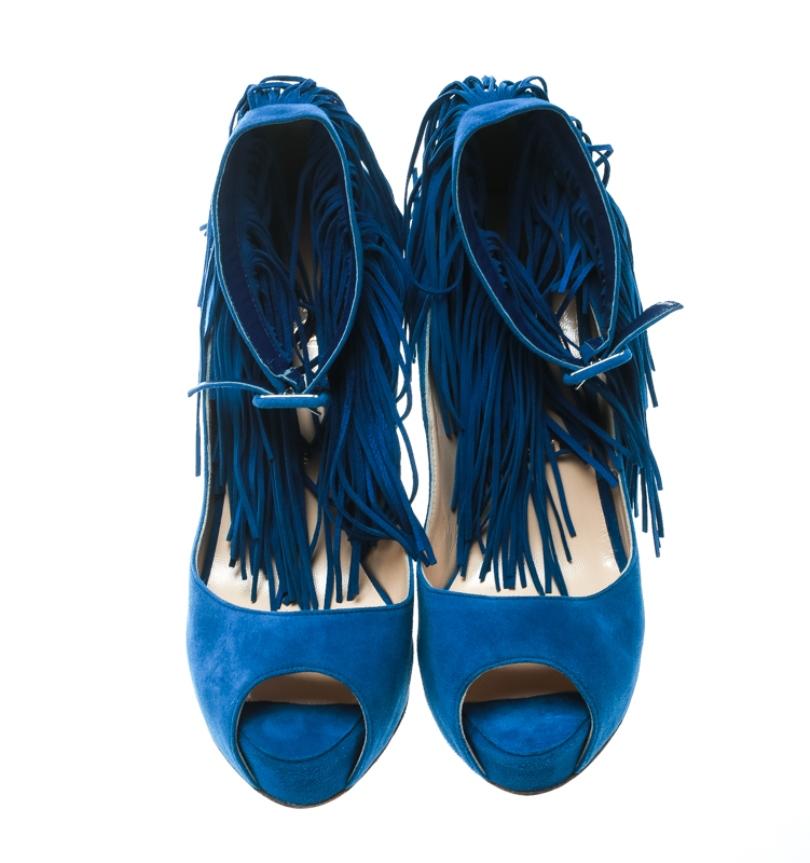 Christian Louboutin Cobalt Blue Tina Fringe Detail Peep Toe Pumps Size 37 In New Condition In Dubai, Al Qouz 2