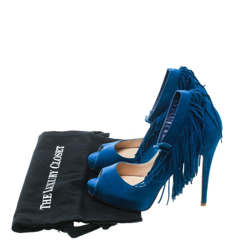 Christian Louboutin Cobalt Blue Tina Fringe Detail Peep Toe Pumps Size 37 4