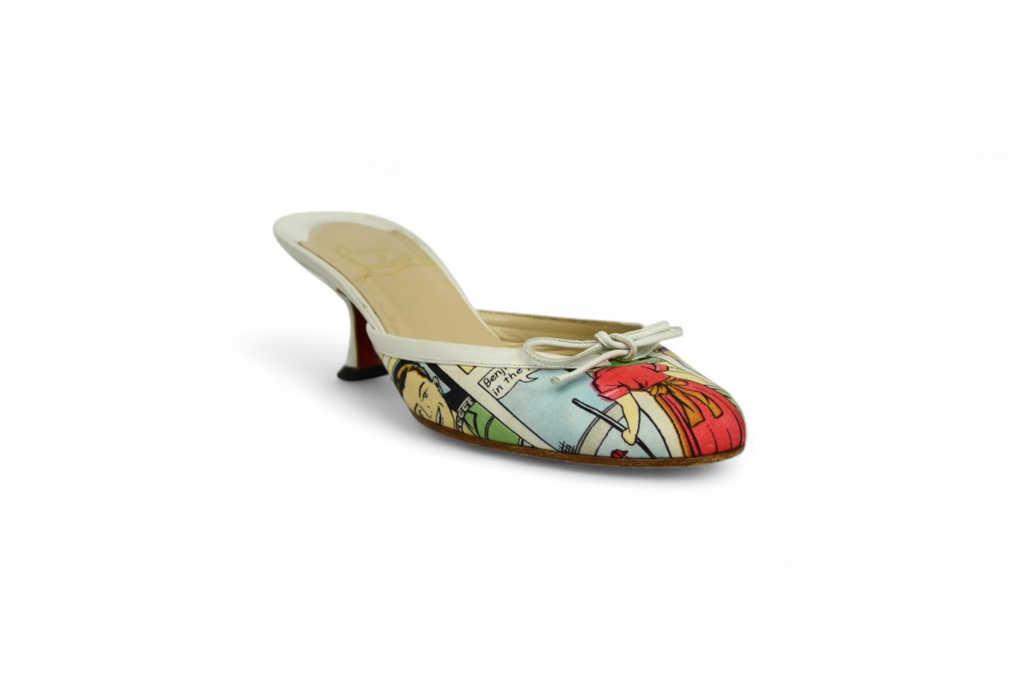 Beige Christian Louboutin Comic Print Mules  Size US 6.5 For Sale