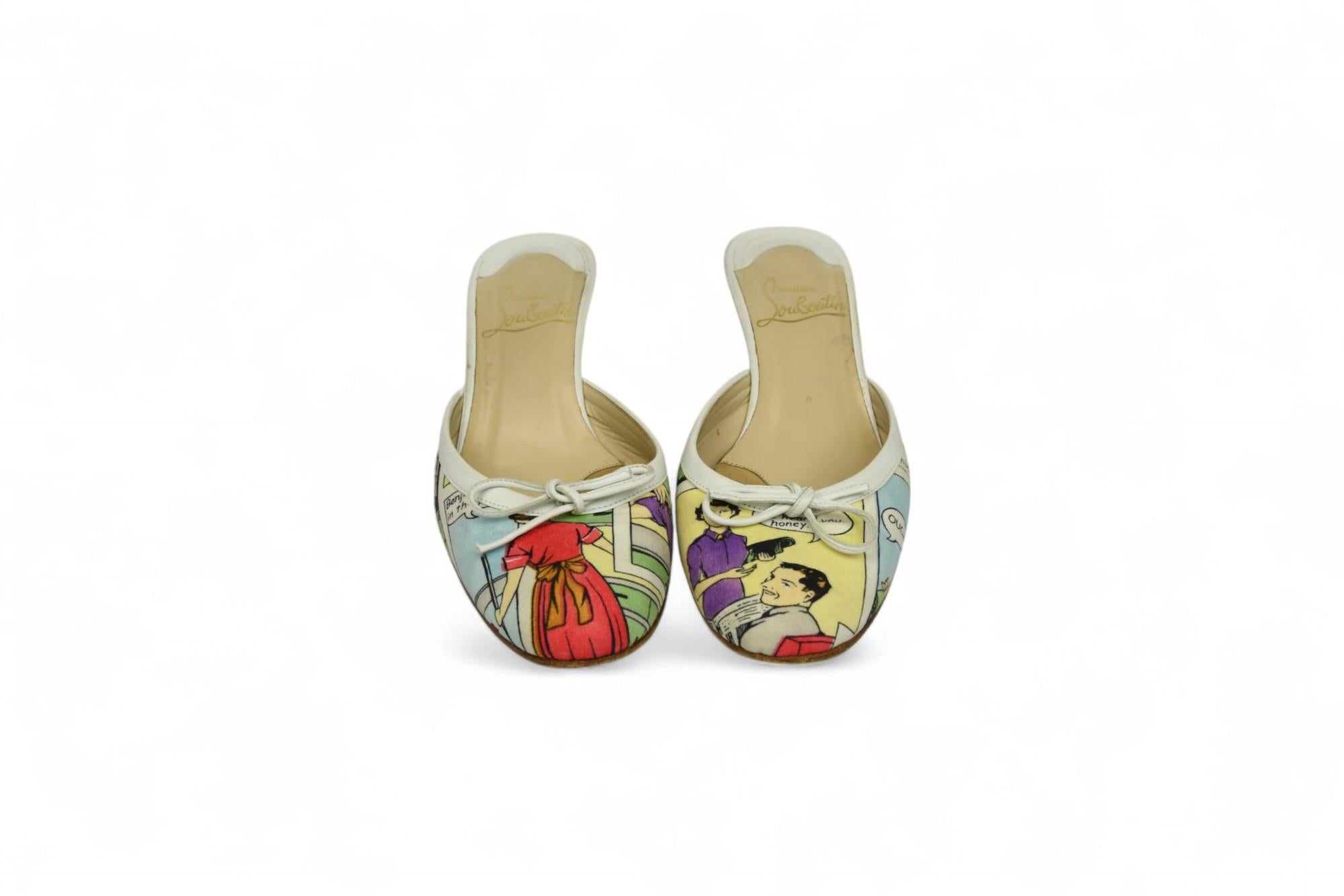 Women's Christian Louboutin Comic Print Mules  Size US 6.5 For Sale