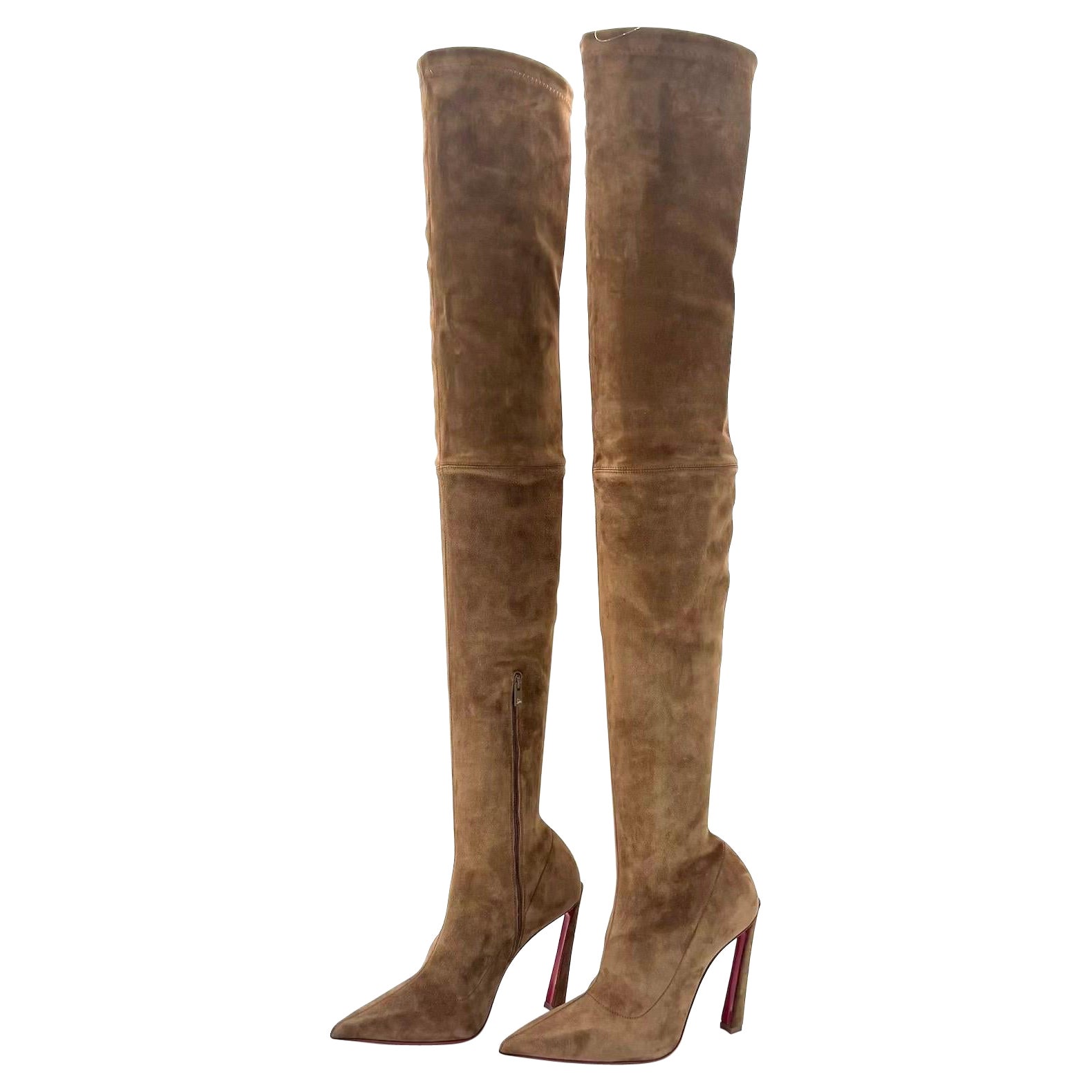 Christian Louboutin Botta Alta 100 Rhea Brown Pointed Toe Boots 36.5 en vente