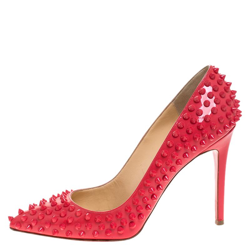 Women's Christian Louboutin Coral Patent Leather Follies Spikes Peep Toe Pumps Size 39.5