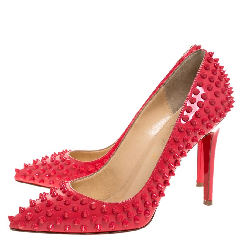 Christian Louboutin Coral Patent Leather Follies Spikes Peep Toe Pumps Size 39.5 2