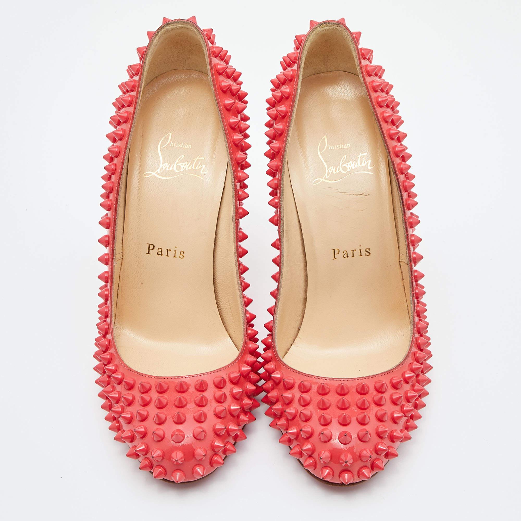 Orange Christian Louboutin Coral Pink Patent Leather Fifi Spikes Pumps Size 36.5 For Sale