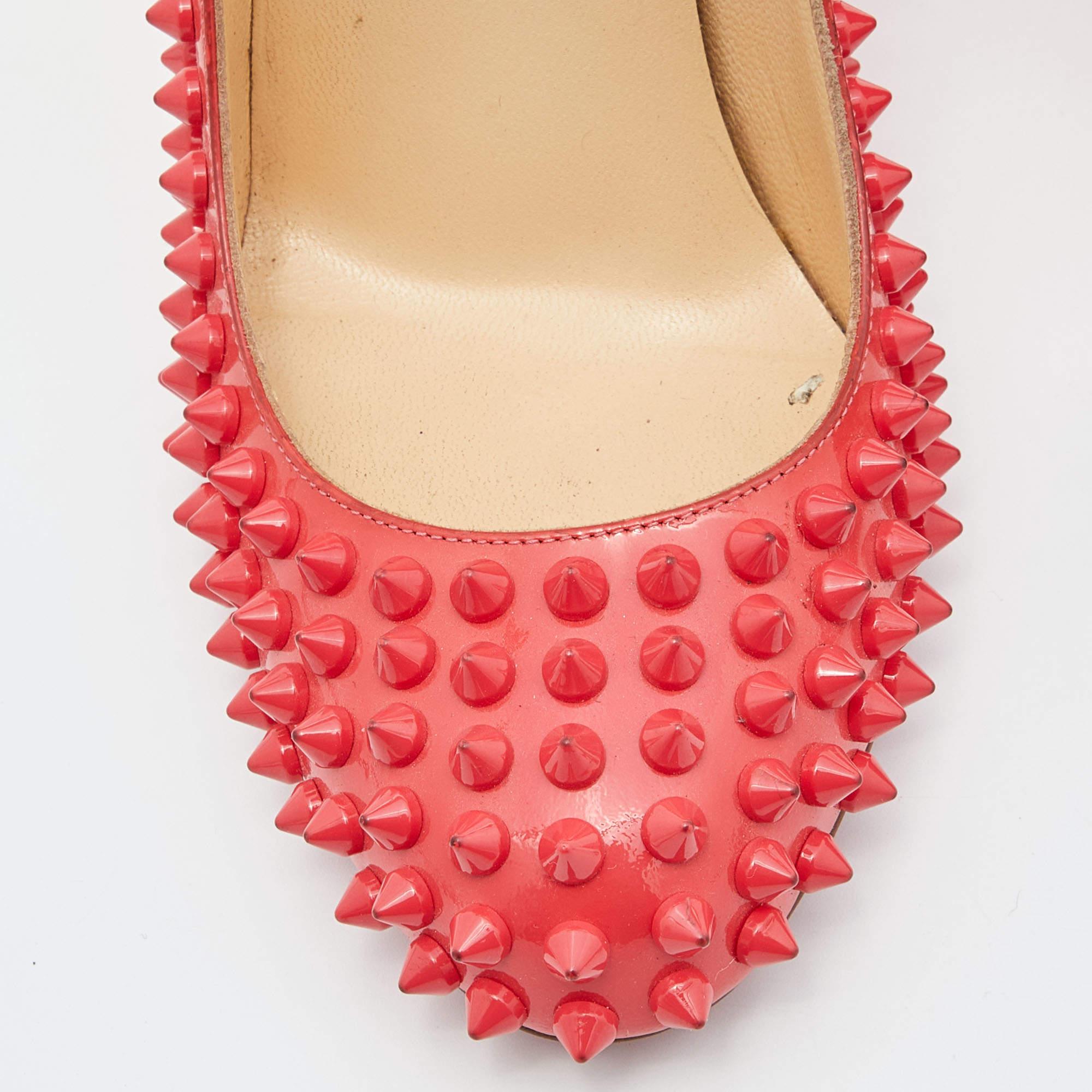 Christian Louboutin Coral Pink Patent Leather Fifi Spikes Pumps Size 36.5 For Sale 2