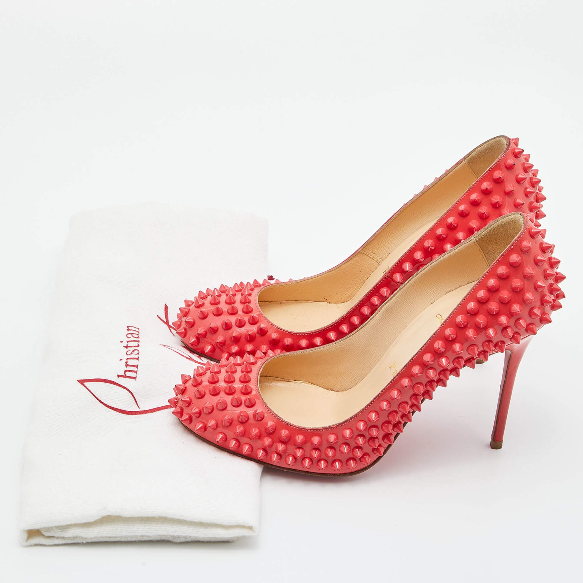 Christian Louboutin Coral Pink Patent Leather Fifi Spikes Pumps Size 36.5 For Sale 4