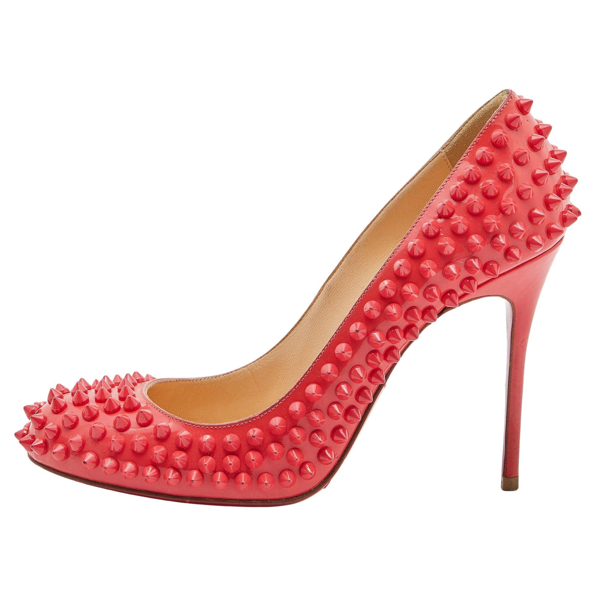 Christian Louboutin Coral Pink Patent Leather Fifi Spikes Pumps Size 36.5 For Sale
