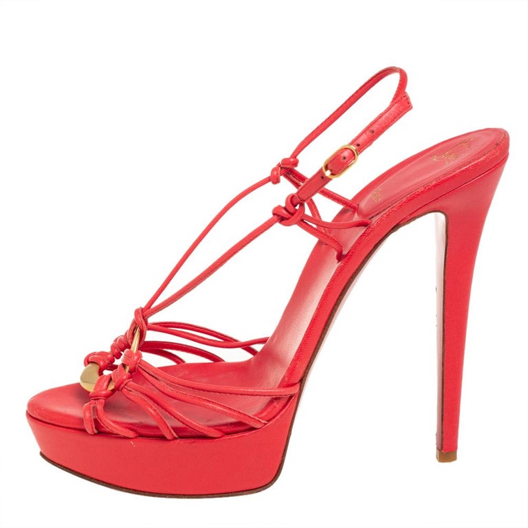 Christian Louboutin Coral Red Leather Discolilou Platform Sandals Size ...