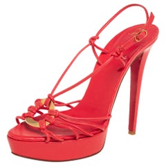 Christian Louboutin Coral Red Leather Discolilou Platform Sandals Size 39