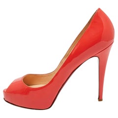 Christian Louboutin Coral Red Patent Leather Very Prive Peep-Toe Pumps Size 41