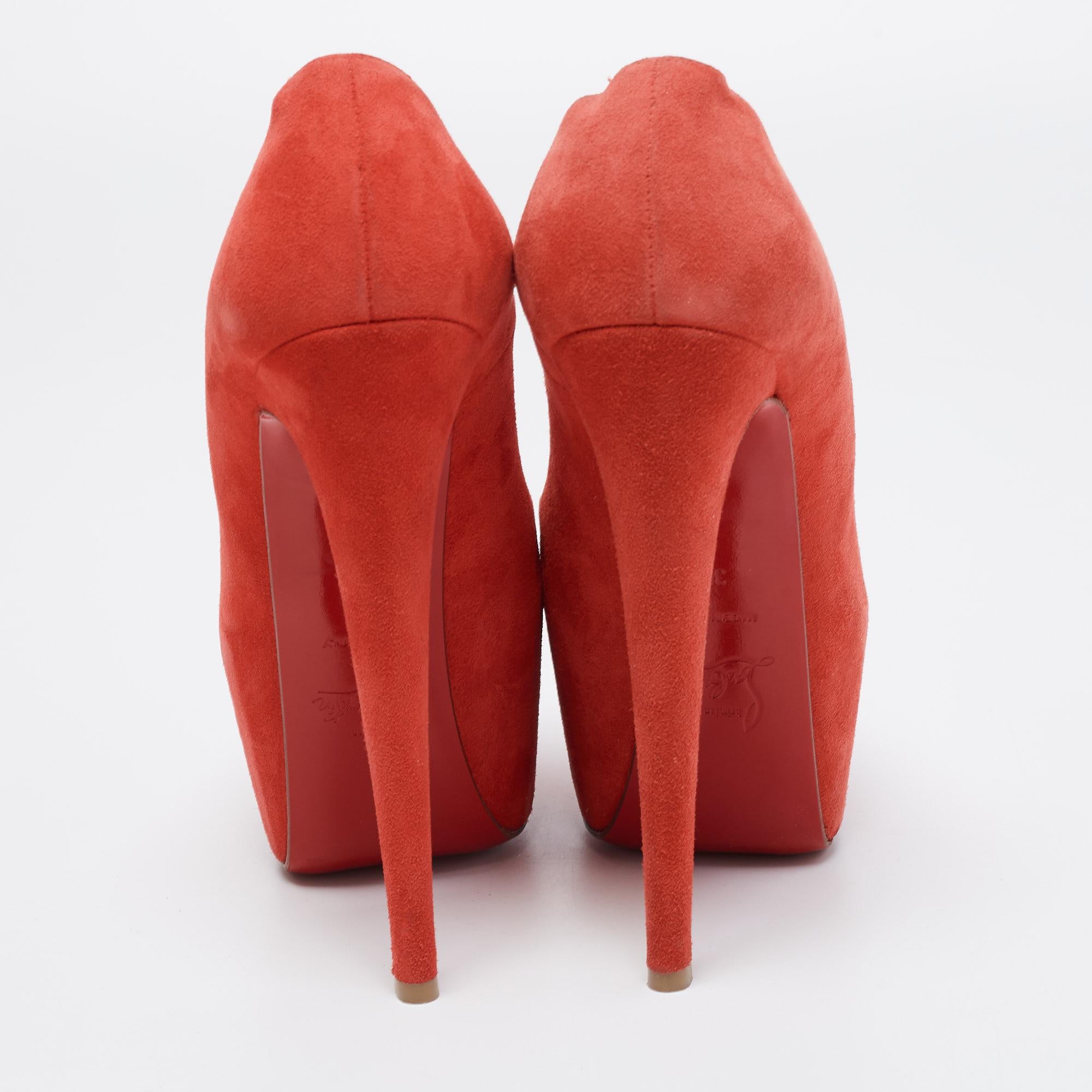 Christian Louboutin Coral Red Suede Daffodile Platform Pumps Size 36 For Sale 1