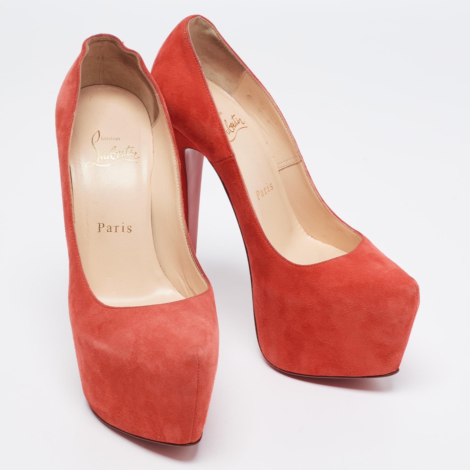Christian Louboutin Coral Red Suede Daffodile Platform Pumps Size 36 For Sale 3
