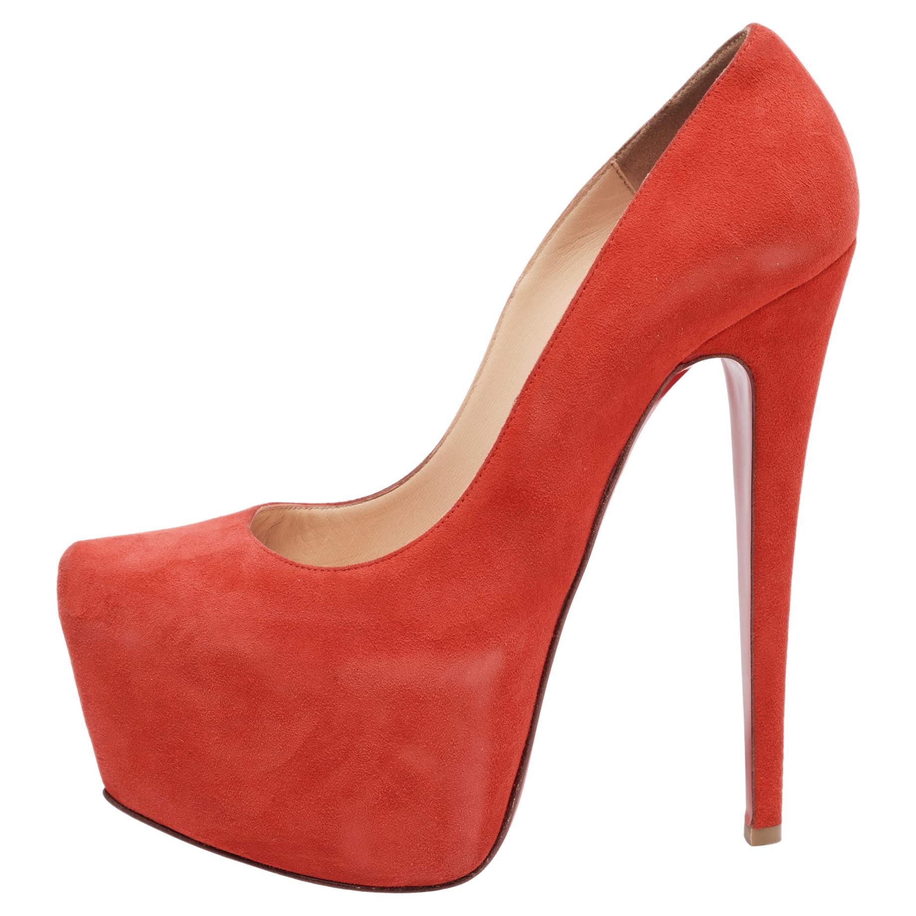 Christian Louboutin Coral Red Suede Daffodile Platform Pumps Size 36 For Sale