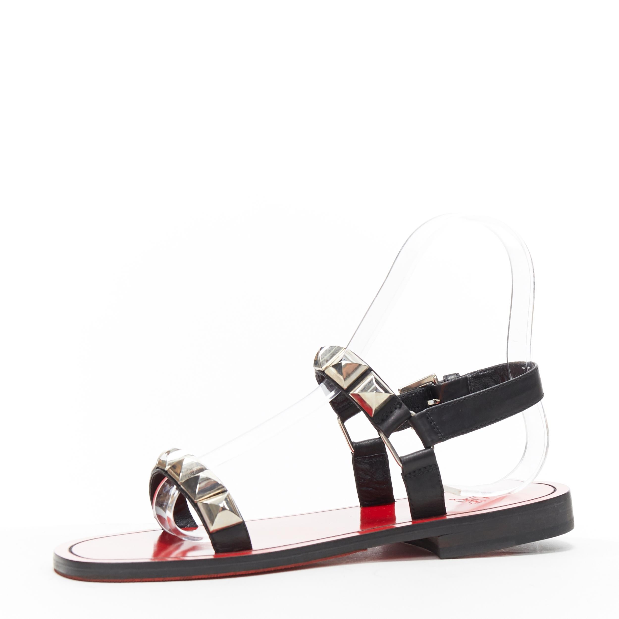 CHRISTIAN LOUBOUTIN Cordaclous Flat silver studded black red leather sandal EU40 In Excellent Condition In Hong Kong, NT