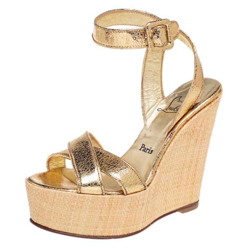 Christian Louboutin Crackled Leather Cross Strap Wedge Sandals Size 37