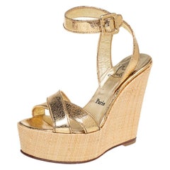 Christian Louboutin Crackled Leather Cross Strap Wedge Sandals Size 37