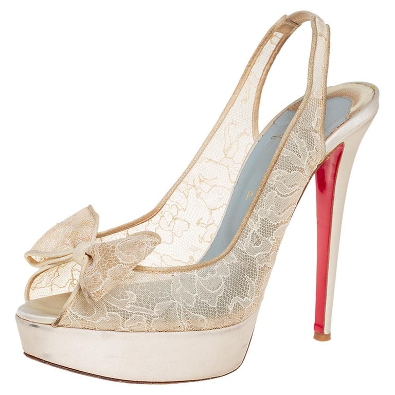 Christian Louboutin Cream Lace And Suede Bow Slingback Sandals Size 40 ...