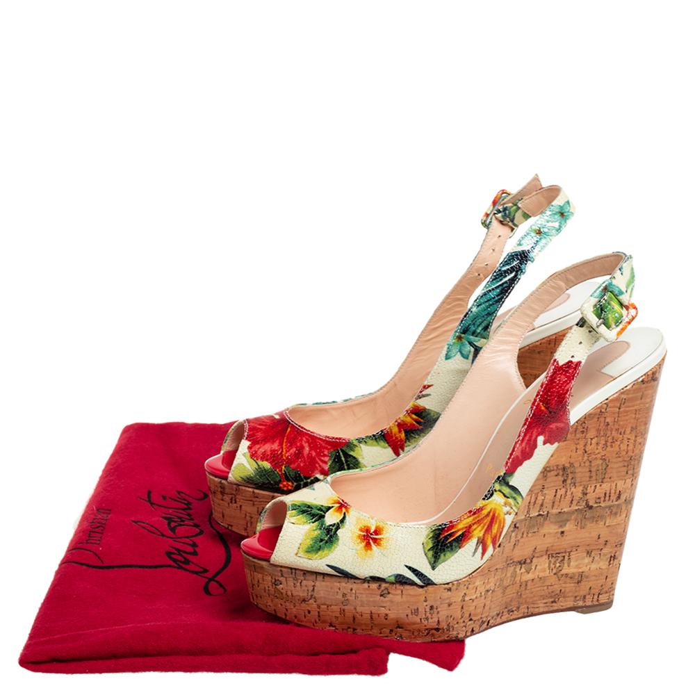 Women's Christian Louboutin Cream Leather Flower Cork Wedge Sandals Size 39.5