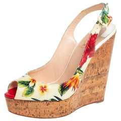 Christian Louboutin Cream Leather Flower Cork Wedge Sandals Size 39.5
