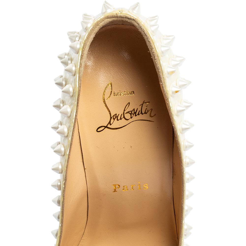 Beige Christian Louboutin Cream Leather Follies Spikes Pointed Toe Pumps Size 37
