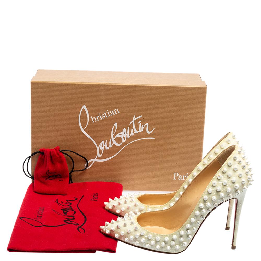 Women's Christian Louboutin Cream Leather Follies Spikes Pointed Toe Pumps Size 37