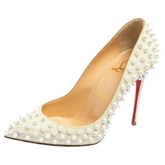 Used Christian Louboutin Cream Leather Follies Spikes Pointed Toe Pumps Size 37