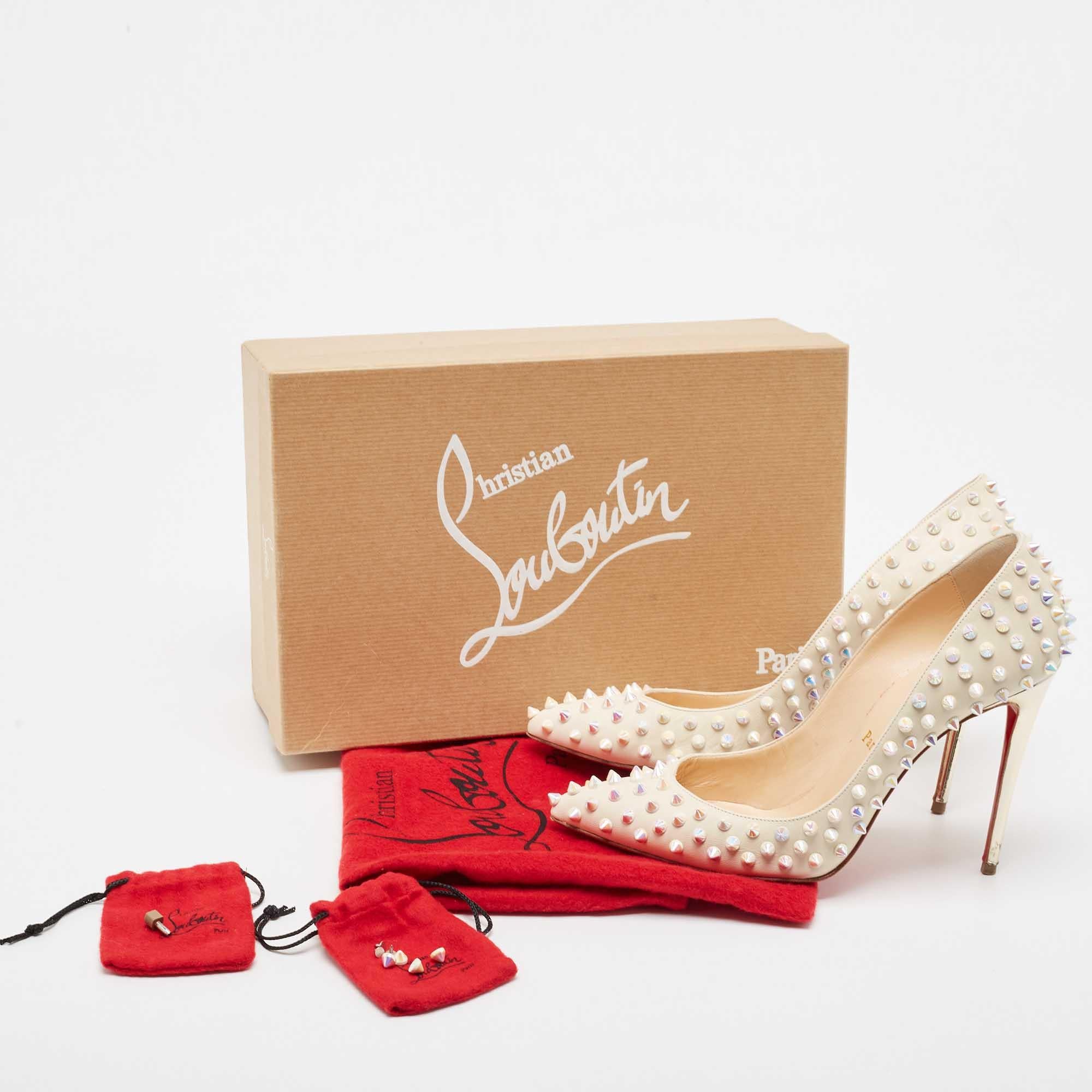 Christian Louboutin Cream Leather Follies Spikes Pointed Toe Pumps Size 38 For Sale 5