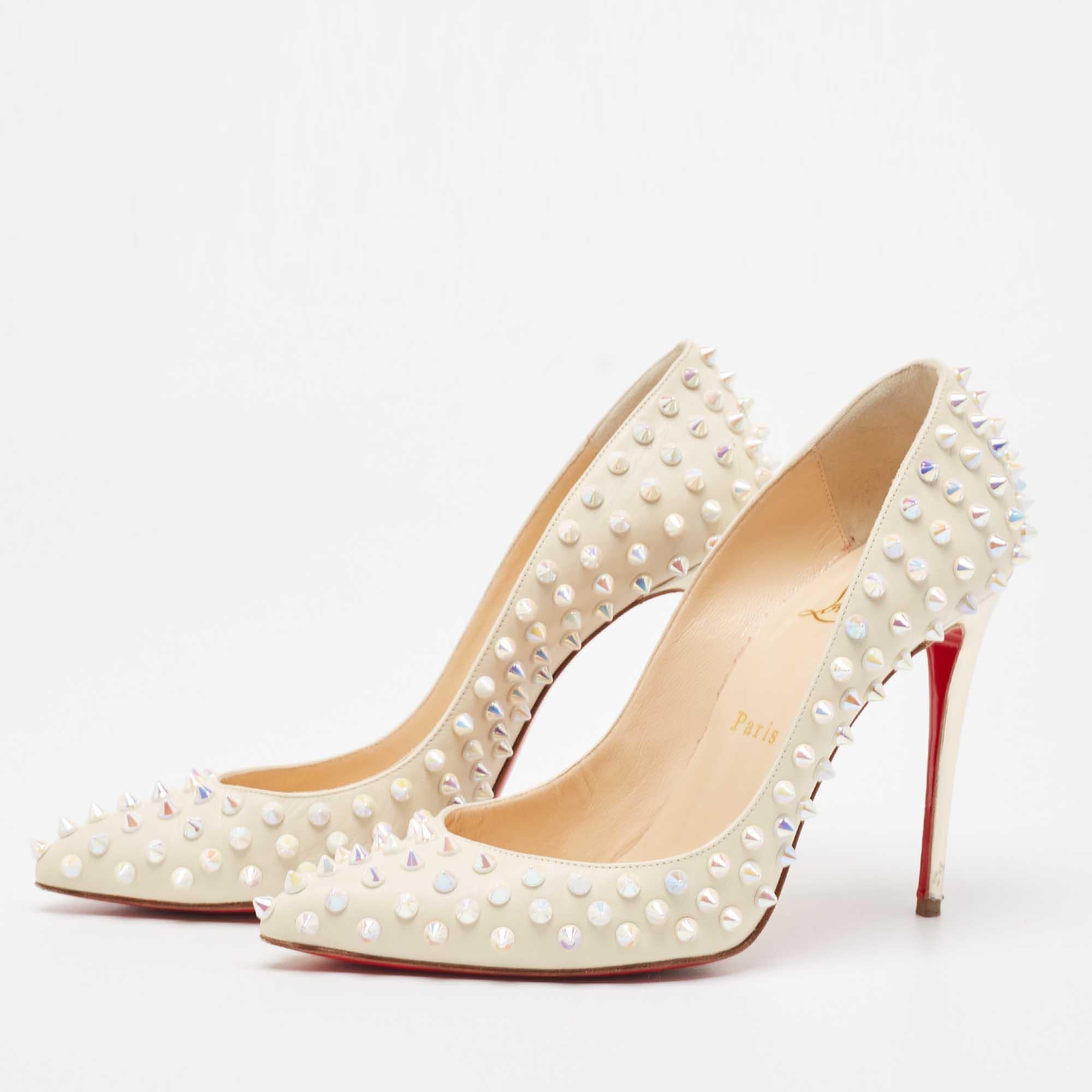 Beige Christian Louboutin Cream Leather Follies Spikes Pointed Toe Pumps Size 38