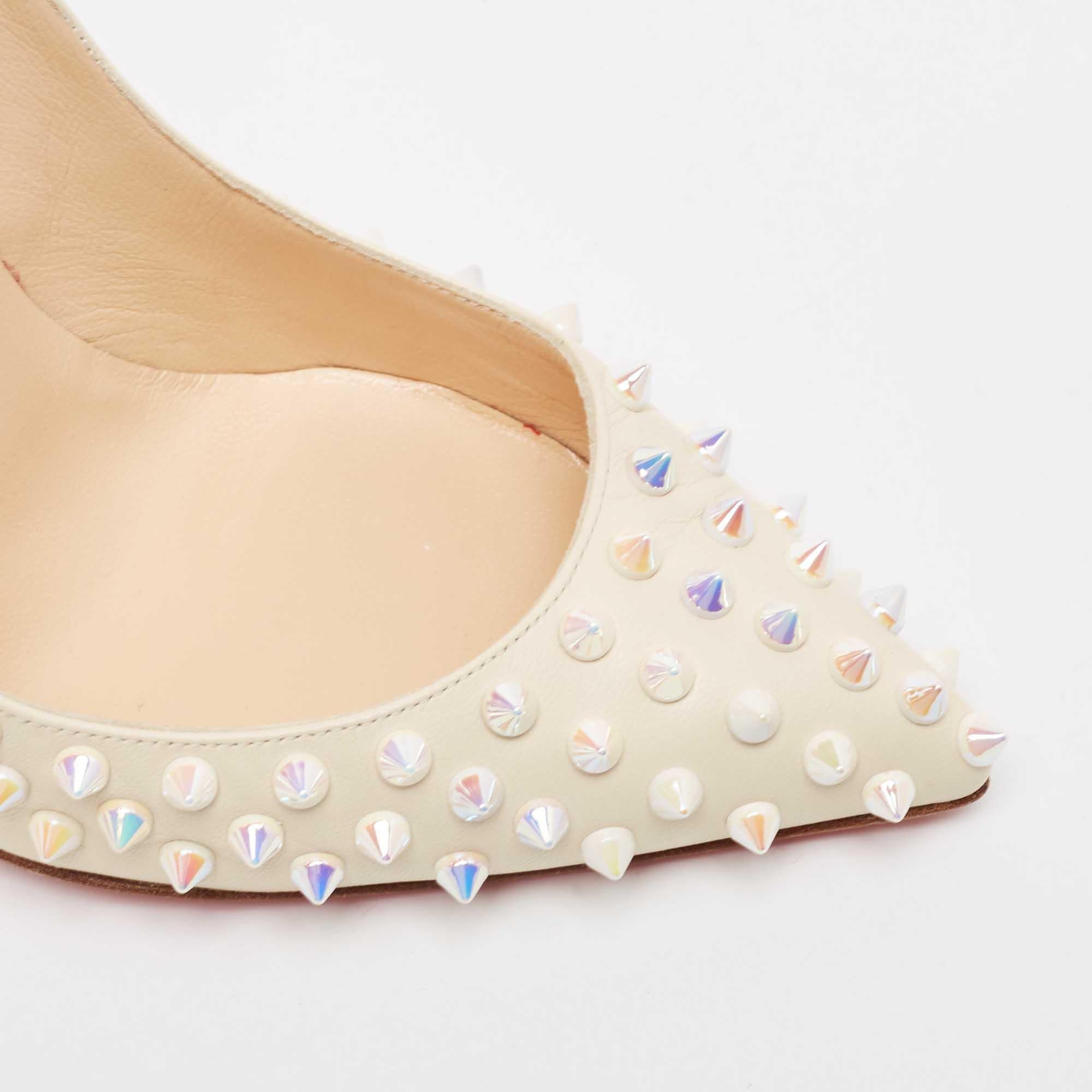 Christian Louboutin Cream Leather Follies Spikes Pointed Toe Pumps Size 38 In Good Condition In Dubai, Al Qouz 2