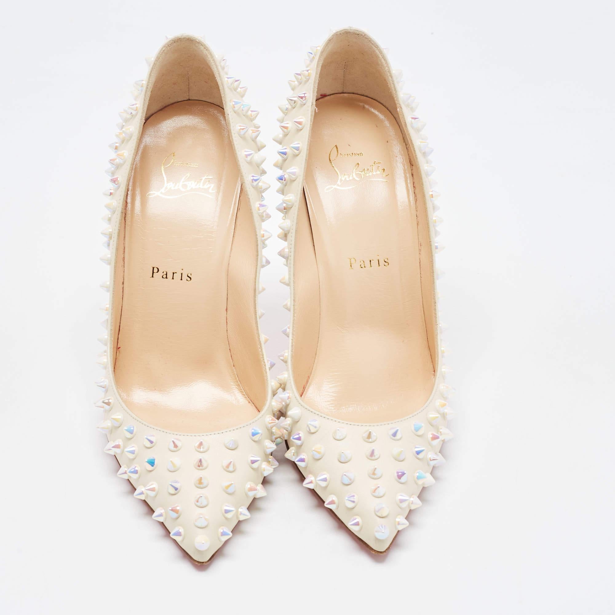 Beige Christian Louboutin Cream Leather Pigalle Spikes Pumps Size 38