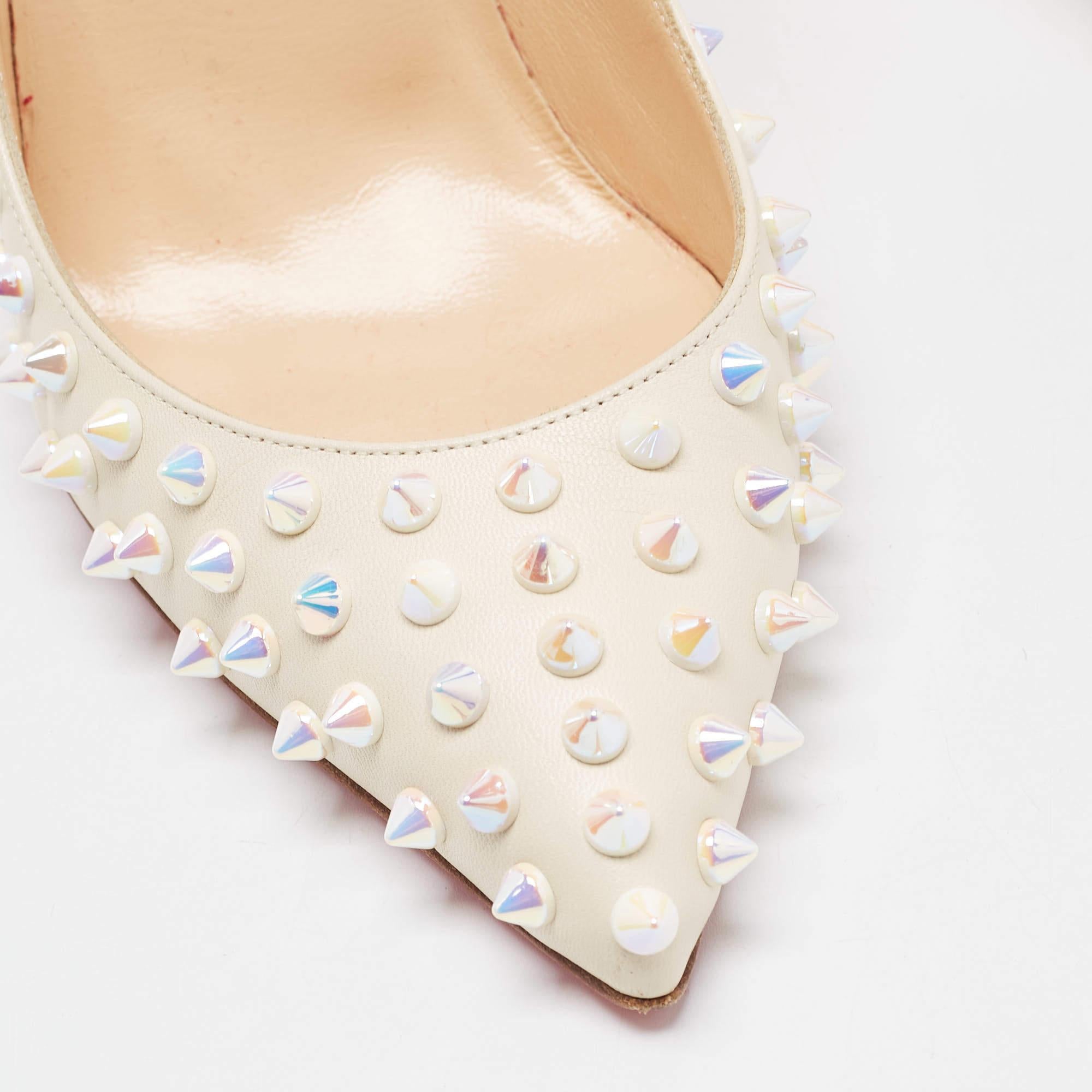 Women's Christian Louboutin Cream Leather Pigalle Spikes Pumps Size 38