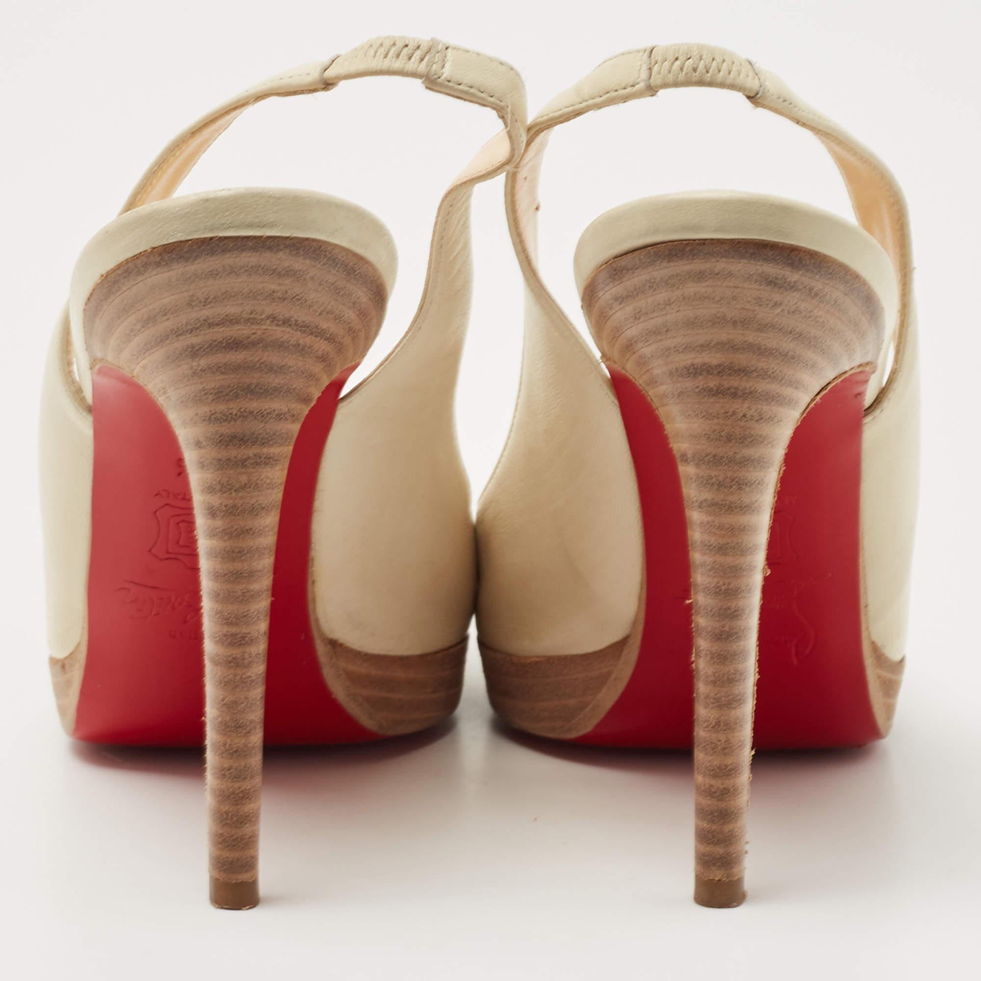 Women's Christian Louboutin Cream Leather Platform Slingback Pumps Size 38.5 For Sale