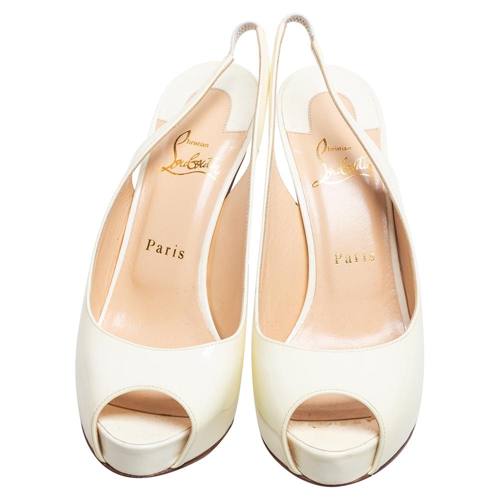 We love how the soft cream hue brings out the best of the shoe's design. These pumps by Christian Louboutin feature a clean look of slingback straps, peep toes, and a comfortable arch over 12 cm slim heels. Make these yours today!

Includes: