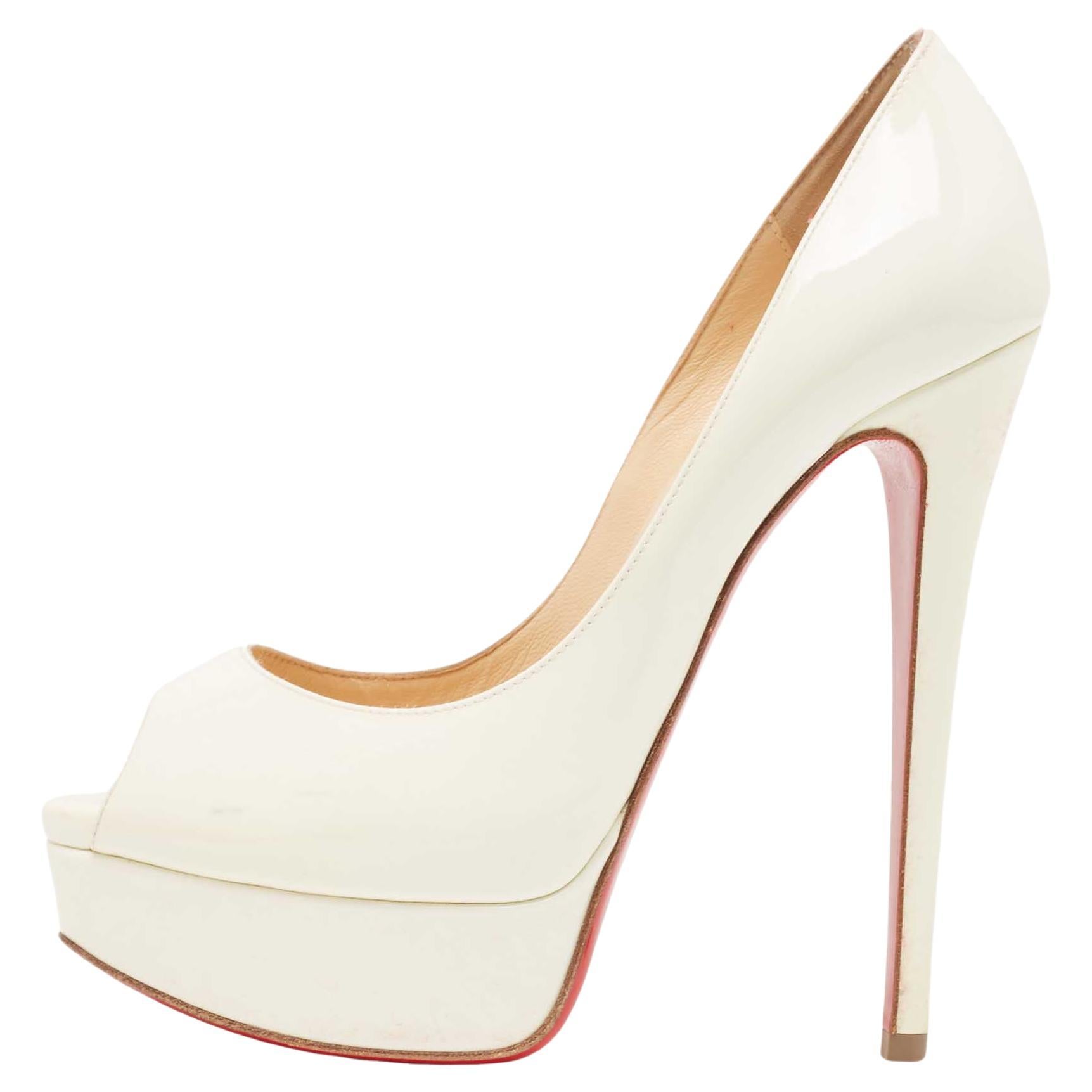 Christian Louboutin Cream Patent Lady Peep Pumps Size 36 For Sale