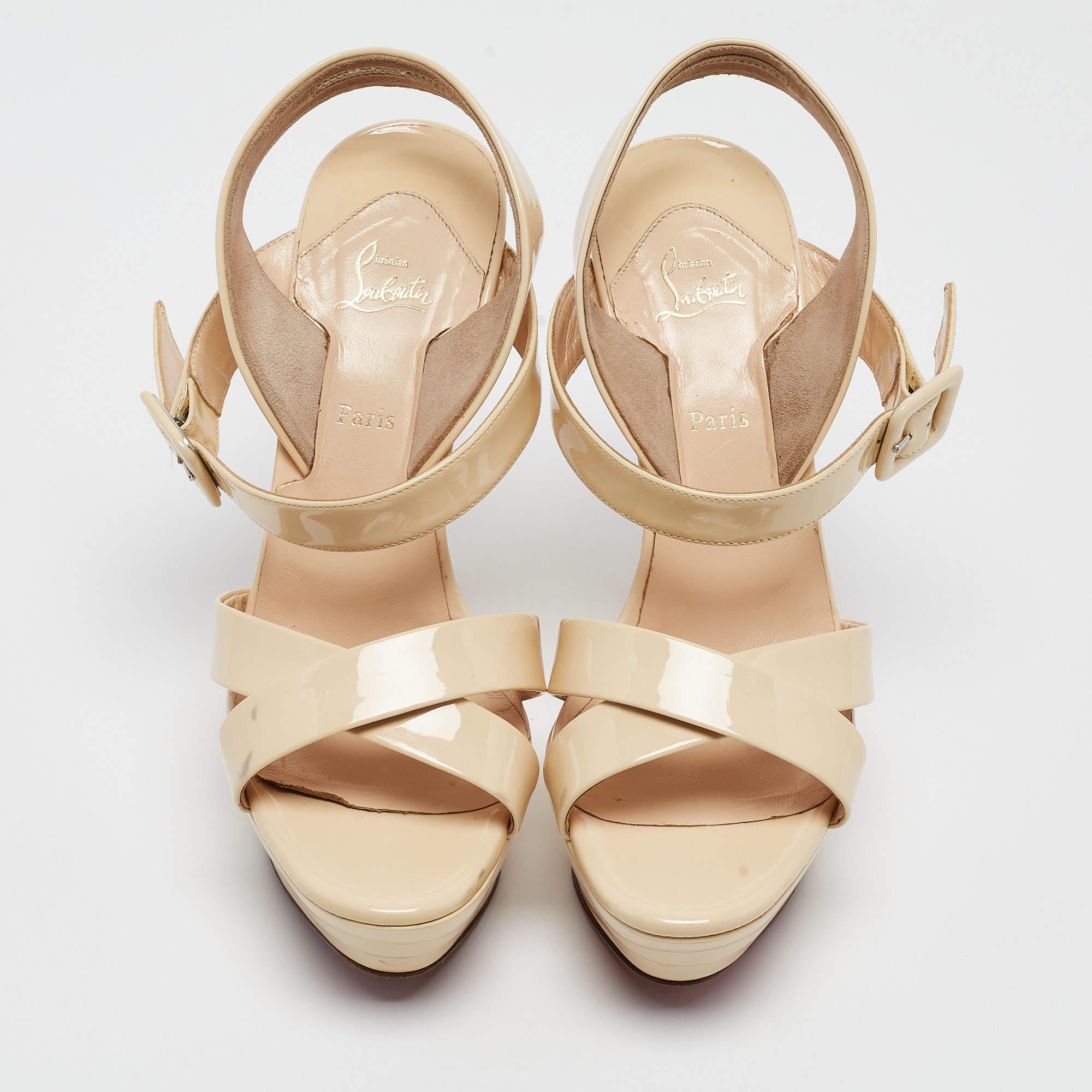 Beige Christian Louboutin Cream Patent Leather Amelissa Sandals Size 38.5