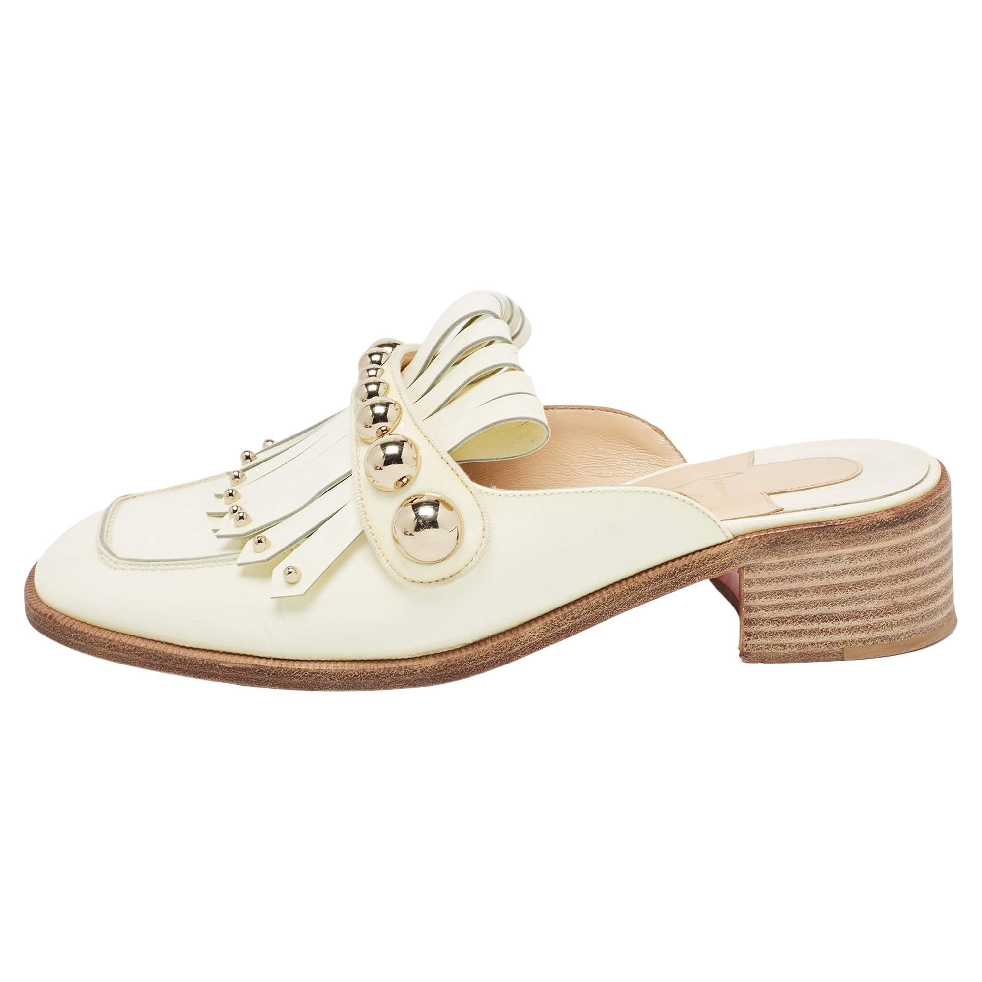 Christian Louboutin Cream Patent Leather Octavian Mules Size 36.5 For Sale