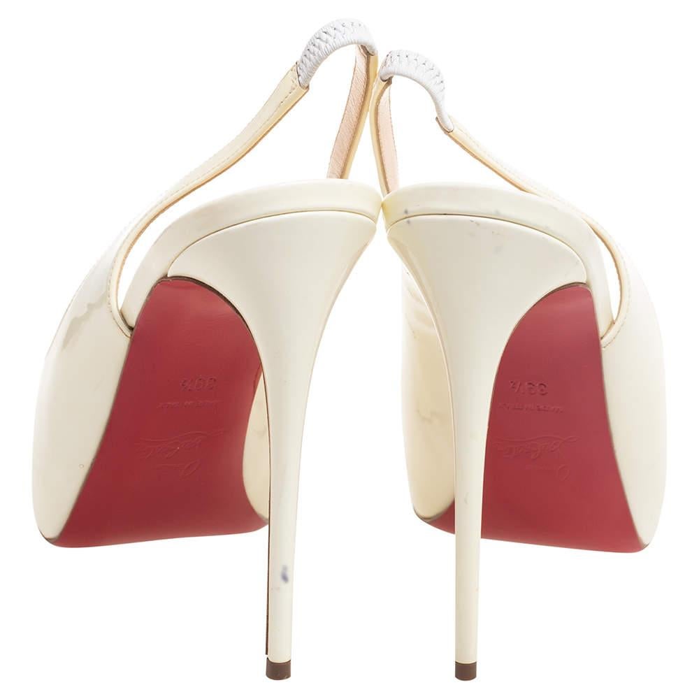 Women's Christian Louboutin Cream Patent Leather Private Number Slingback Pumps Size 39.