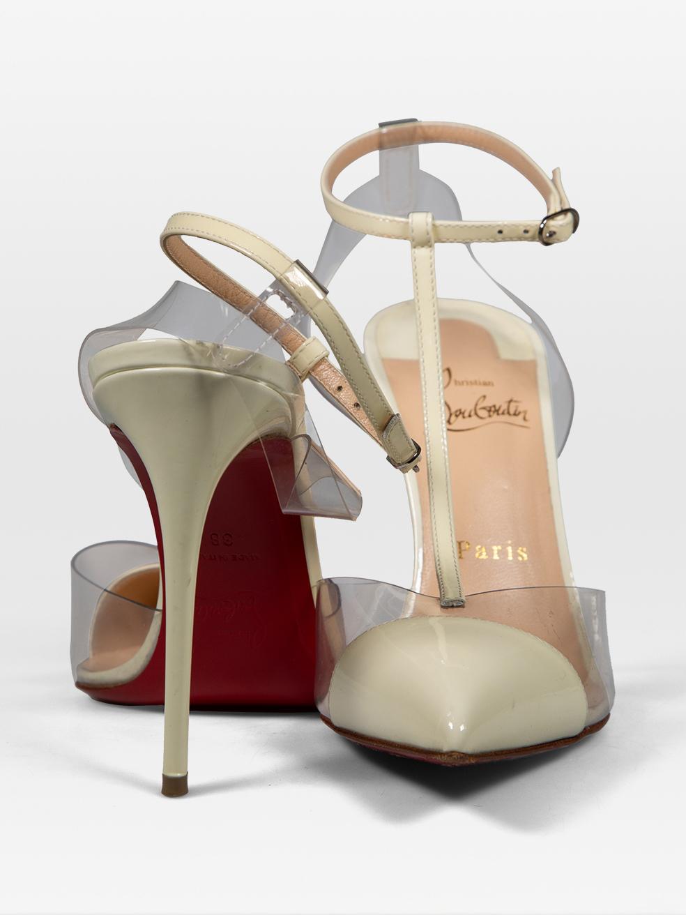 Brown Christian Louboutin Cream Patent Pointed Toe Heels Size IT 38 For Sale