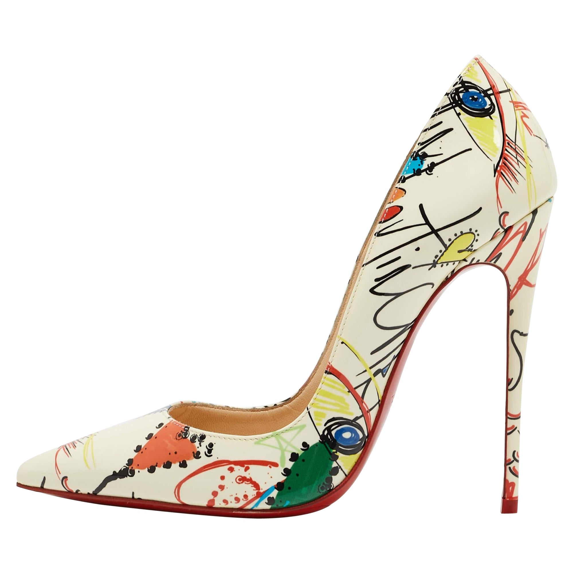Christian Louboutin Cream Printed Patent Leather So Kate Pumps Size 37