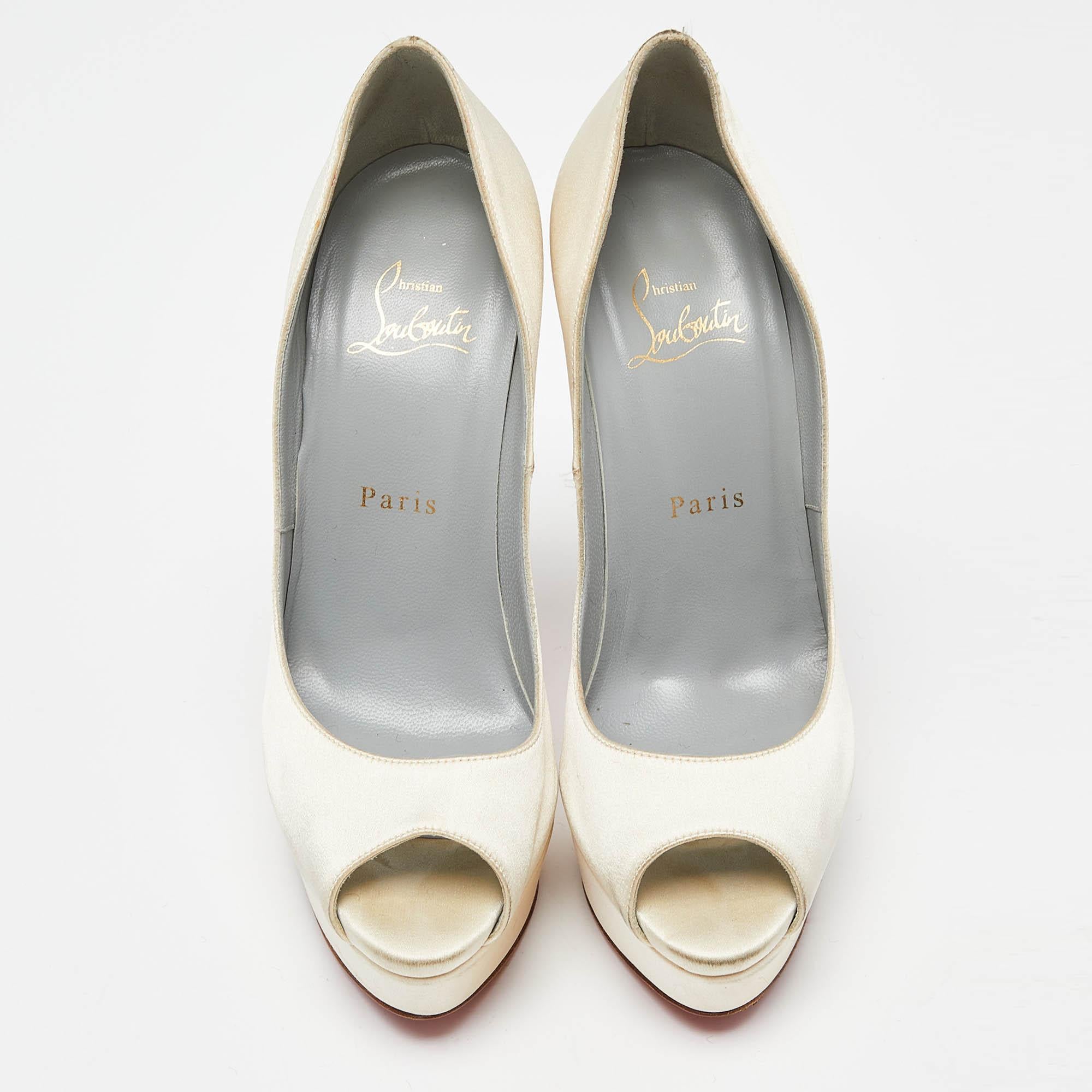 Beige Christian Louboutin Cream Satin Lady Peep Toe Platform Pumps Size 37