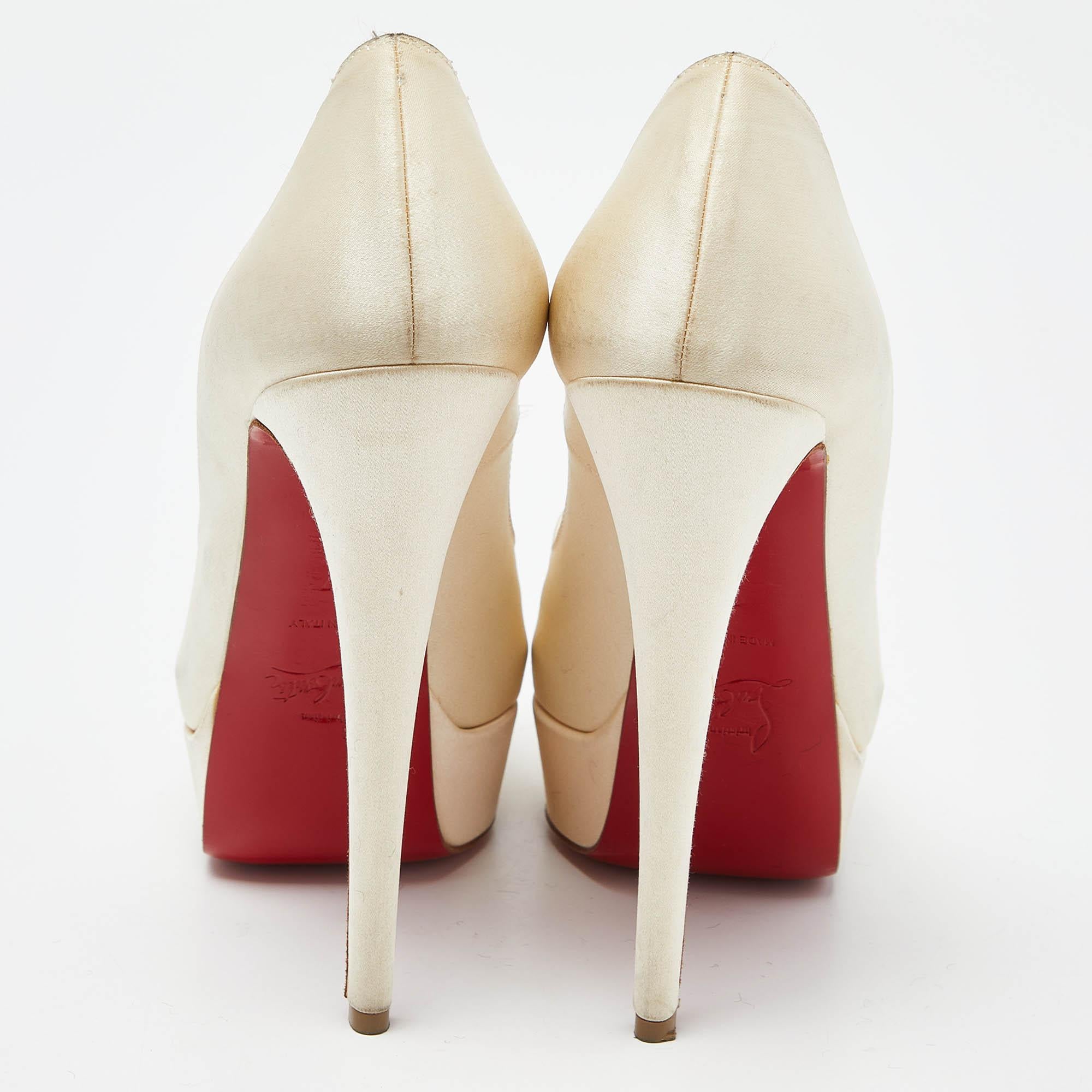 Women's Christian Louboutin Cream Satin Lady Peep Toe Platform Pumps Size 37