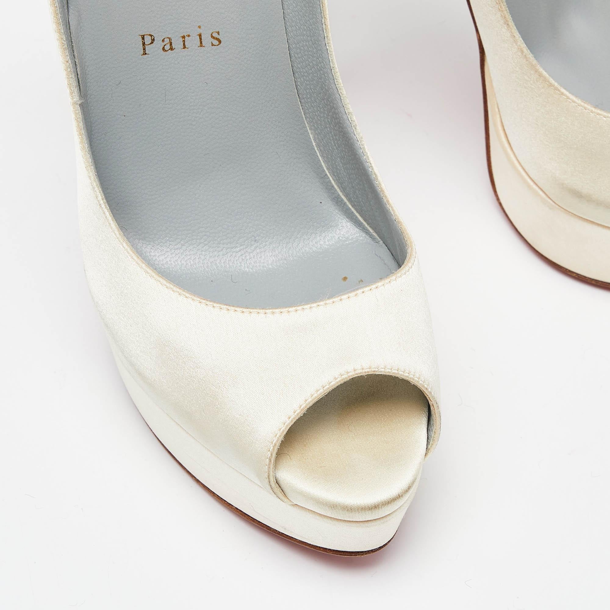 Christian Louboutin Cream Satin Lady Peep Toe Platform Pumps Size 37 2