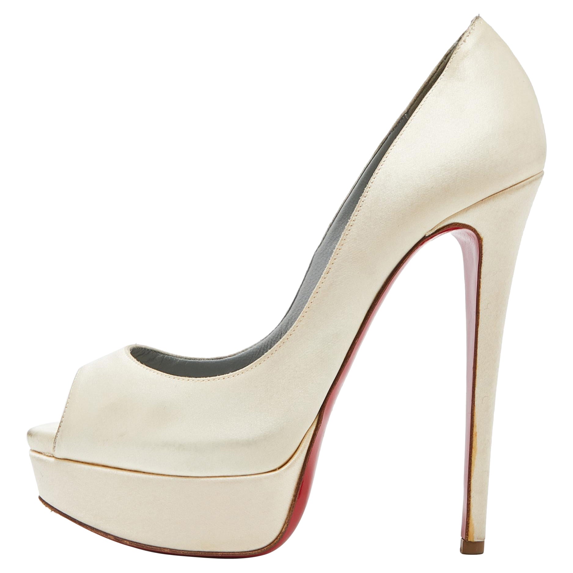 Christian Louboutin Cream Satin Lady Peep Toe Platform Pumps Size 37
